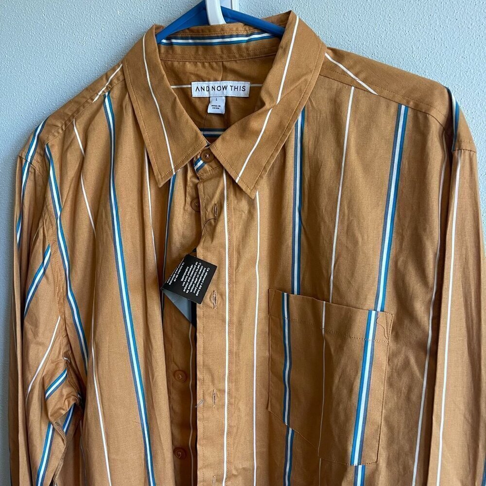 AND NOW THIS Mens Regular Fit Brown Striped Long Sleeve Button Up Shirt Large - Picture 6 of 12